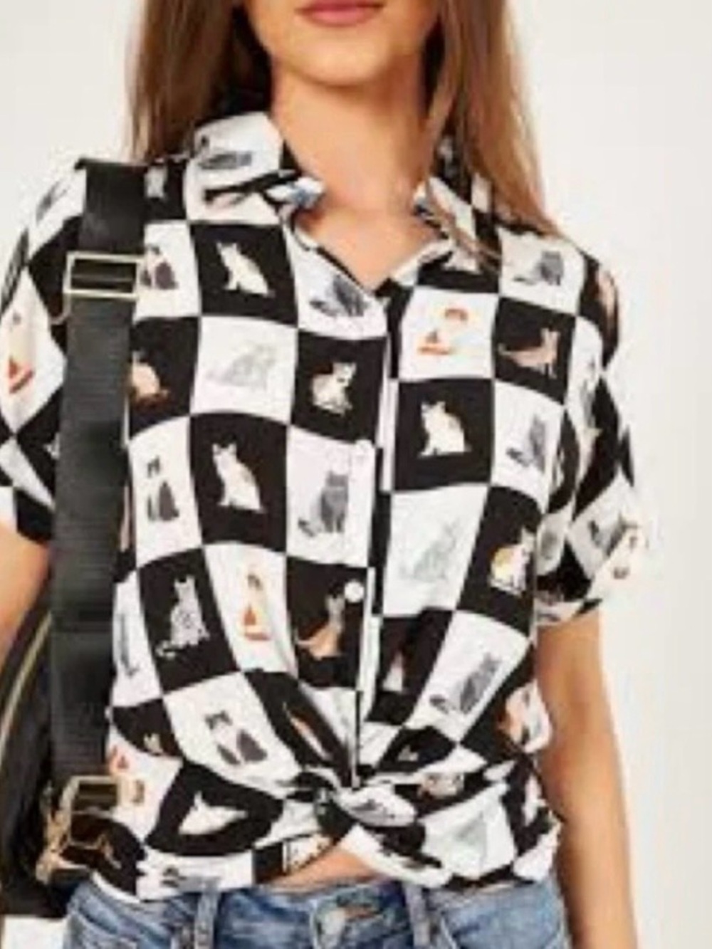 SUNBURST KISS Checkerboard Print Blouse All-Over Cat Print Women’s L
